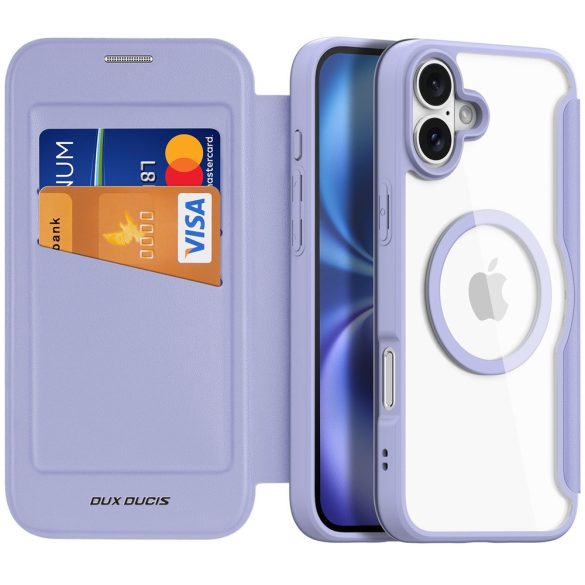 Apple iPhone 16, Oldalra nyíló tok, stand, közepesen ütésálló, Magsafe kompatibilis, Dux Ducis Skin Pro Magsafe, lila