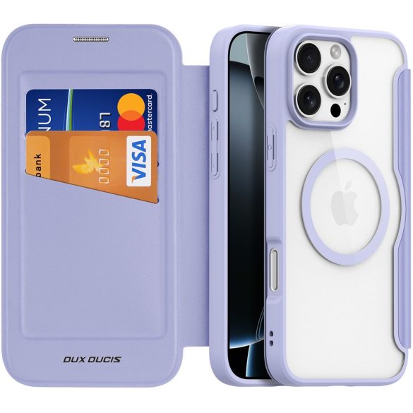 Apple iPhone 16 Pro, Oldalra nyíló tok, stand, közepesen ütésálló, Magsafe kompatibilis, Dux Ducis Skin Pro Magsafe, lila