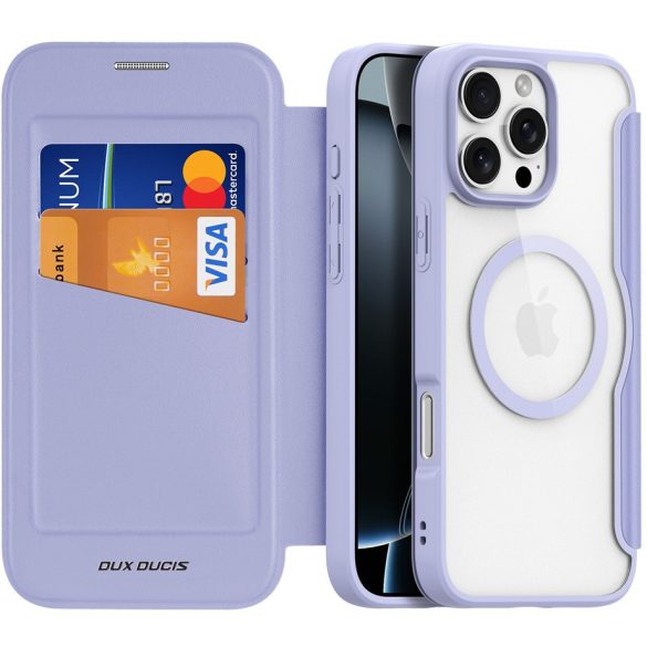 Apple iPhone 16 Pro Max, Oldalra nyíló tok, stand, közepesen ütésálló, Magsafe kompatibilis, Dux Ducis Skin Pro Magsafe, lila