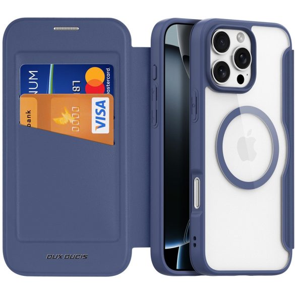 Apple iPhone 16 Pro Max, Oldalra nyíló tok, stand, közepesen ütésálló, Magsafe kompatibilis, Dux Ducis Skin Pro Magsafe, sötétkék