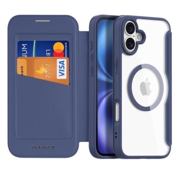 Apple iPhone 16, Oldalra nyíló tok, stand, közepesen ütésálló, Magsafe kompatibilis, Dux Ducis Skin Pro Magsafe, sötétkék