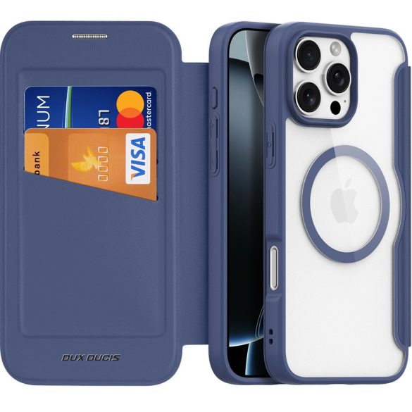 Apple iPhone 16 Pro, Oldalra nyíló tok, stand, közepesen ütésálló, Magsafe kompatibilis, Dux Ducis Skin Pro Magsafe, sötétkék
