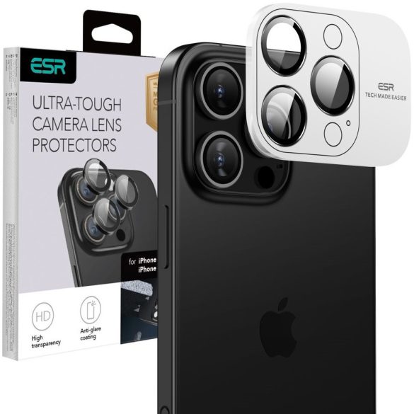 Apple iPhone 16 Pro / 16 Pro Max, Kamera lencsevédő fólia, ütésálló fólia, Tempered Glass (edzett üveg), ESR Armorite, fekete