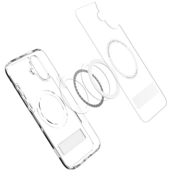 Apple iPhone 16, Műanyag hátlap védőtok + szilikon keret, kitámasztóval, Magsafe töltővel kompatibilis, Spigen Ultra Hybrid "S" Mag, átlátszó/fehér