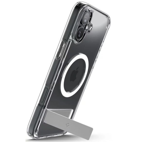 Apple iPhone 16, Műanyag hátlap védőtok + szilikon keret, kitámasztóval, Magsafe töltővel kompatibilis, Spigen Ultra Hybrid "S" Mag, átlátszó/fehér