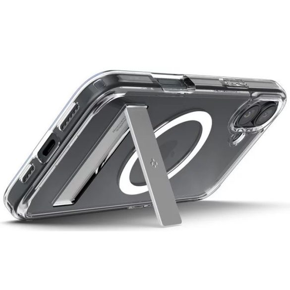 Apple iPhone 16, Műanyag hátlap védőtok + szilikon keret, kitámasztóval, Magsafe töltővel kompatibilis, Spigen Ultra Hybrid "S" Mag, átlátszó/fehér