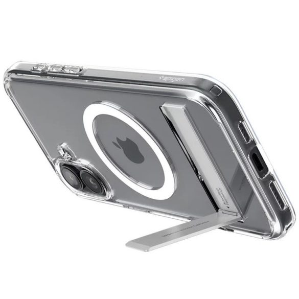 Apple iPhone 16, Műanyag hátlap védőtok + szilikon keret, kitámasztóval, Magsafe töltővel kompatibilis, Spigen Ultra Hybrid "S" Mag, átlátszó/fehér