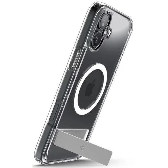 Apple iPhone 16 Plus, Műanyag hátlap védőtok + szilikon keret, kitámasztóval, Magsafe töltővel kompatibilis, Spigen Ultra Hybrid "S" Mag, átlátszó/fehér