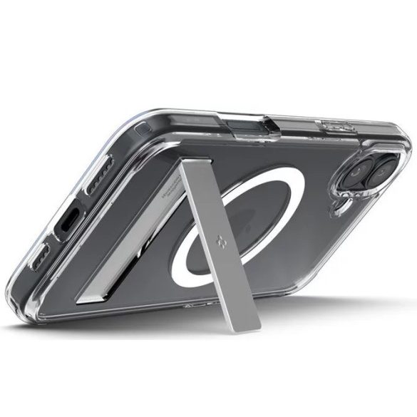 Apple iPhone 16 Plus, Műanyag hátlap védőtok + szilikon keret, kitámasztóval, Magsafe töltővel kompatibilis, Spigen Ultra Hybrid "S" Mag, átlátszó/fehér