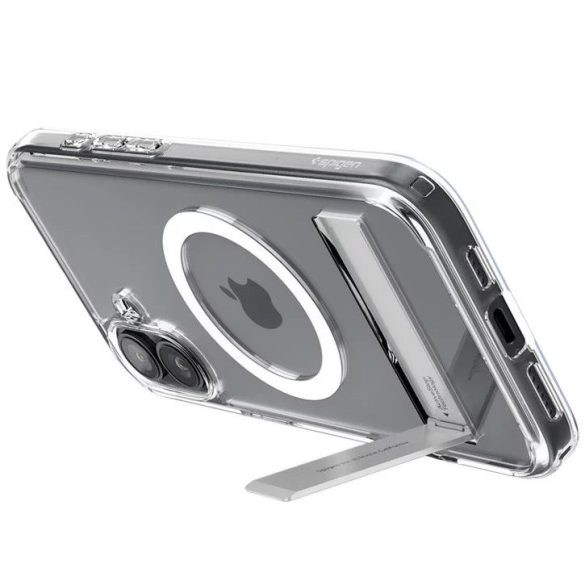 Apple iPhone 16 Plus, Műanyag hátlap védőtok + szilikon keret, kitámasztóval, Magsafe töltővel kompatibilis, Spigen Ultra Hybrid "S" Mag, átlátszó/fehér