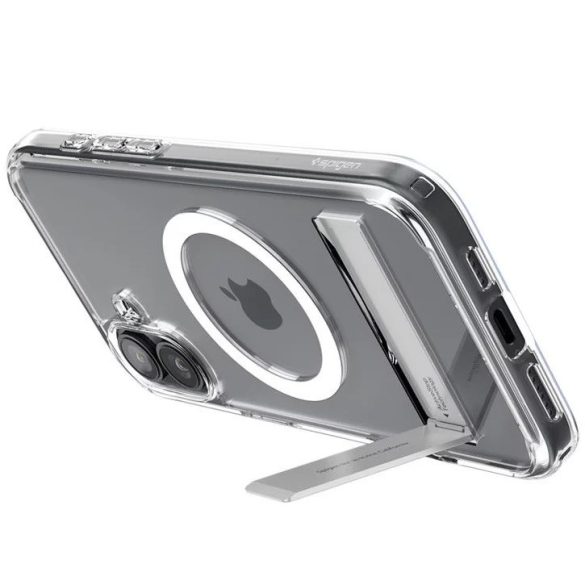 Apple iPhone 16 Pro, Műanyag hátlap védőtok + szilikon keret, kitámasztóval, Magsafe töltővel kompatibilis, Spigen Ultra Hybrid "S" Mag, átlátszó/fehér