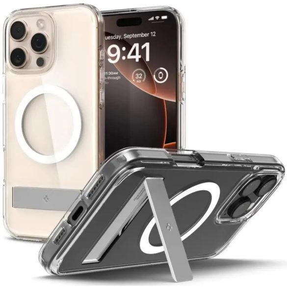 Apple iPhone 16 Pro, Műanyag hátlap védőtok + szilikon keret, kitámasztóval, Magsafe töltővel kompatibilis, Spigen Ultra Hybrid "S" Mag, átlátszó/fehér