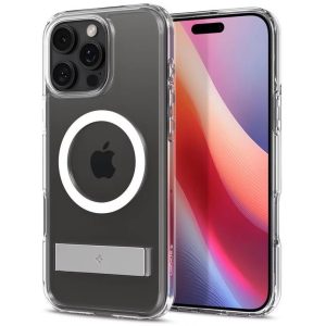 Apple iPhone 16 Pro Max, Műanyag hátlap védőtok + szilikon keret, kitámasztóval, Magsafe töltővel kompatibilis, Spigen Ultra Hybrid "S" Mag, átlátszó/fehér