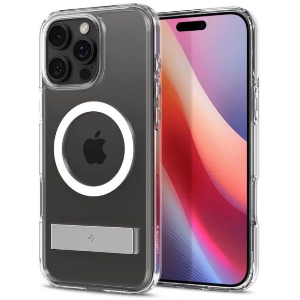 Apple iPhone 16 Pro Max, Műanyag hátlap védőtok + szilikon keret, kitámasztóval, Magsafe töltővel kompatibilis, Spigen Ultra Hybrid "S" Mag, átlátszó/fehér