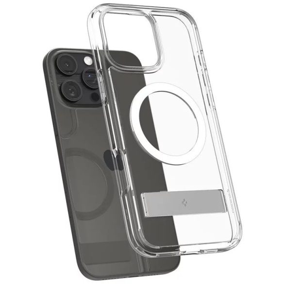 Apple iPhone 16 Pro Max, Műanyag hátlap védőtok + szilikon keret, kitámasztóval, Magsafe töltővel kompatibilis, Spigen Ultra Hybrid "S" Mag, átlátszó/fehér