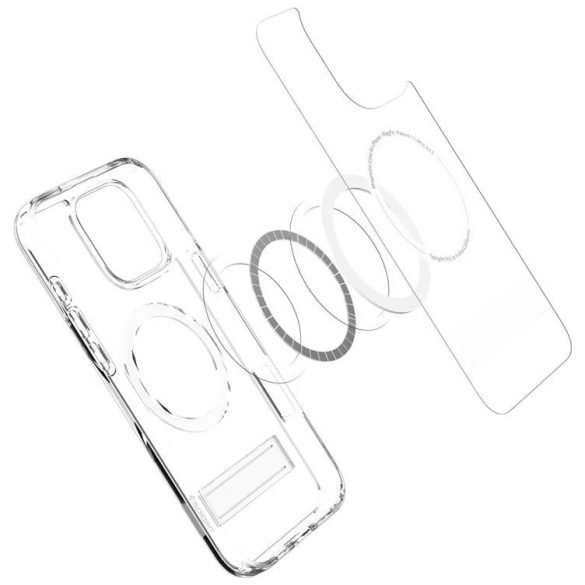 Apple iPhone 16 Pro Max, Műanyag hátlap védőtok + szilikon keret, kitámasztóval, Magsafe töltővel kompatibilis, Spigen Ultra Hybrid "S" Mag, átlátszó/fehér