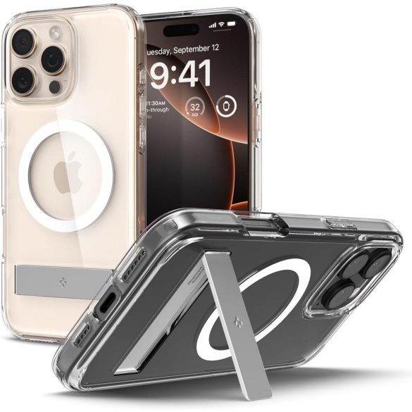 Apple iPhone 16 Pro Max, Műanyag hátlap védőtok + szilikon keret, kitámasztóval, Magsafe töltővel kompatibilis, Spigen Ultra Hybrid "S" Mag, átlátszó/fehér