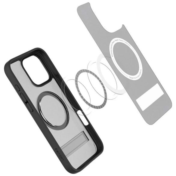 Apple iPhone 16 Pro, Műanyag hátlap védőtok + szilikon keret, kitámasztóval, Magsafe töltővel kompatibilis, Spigen Ultra Hybrid "S" Mag, áttetsző/fekete