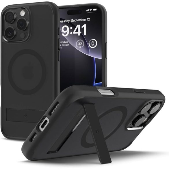 Apple iPhone 16 Pro, Műanyag hátlap védőtok + szilikon keret, kitámasztóval, Magsafe töltővel kompatibilis, Spigen Ultra Hybrid "S" Mag, áttetsző/fekete