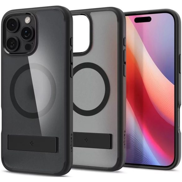 Apple iPhone 16 Pro Max, Műanyag hátlap védőtok + szilikon keret, kitámasztóval, Magsafe töltővel kompatibilis, Spigen Ultra Hybrid "S" Mag, áttetsző/fekete