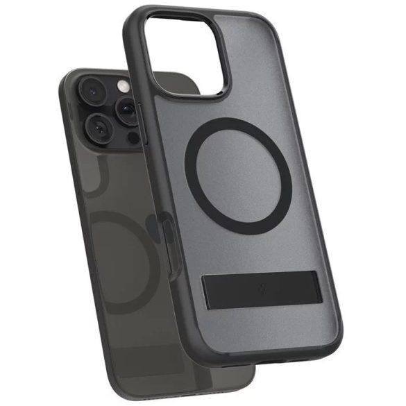 Apple iPhone 16 Pro Max, Műanyag hátlap védőtok + szilikon keret, kitámasztóval, Magsafe töltővel kompatibilis, Spigen Ultra Hybrid "S" Mag, áttetsző/fekete