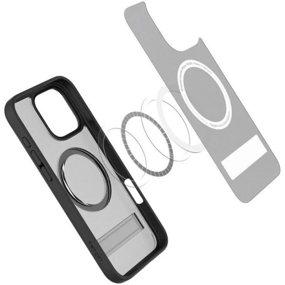 Apple iPhone 16 Pro Max, Műanyag hátlap védőtok + szilikon keret, kitámasztóval, Magsafe töltővel kompatibilis, Spigen Ultra Hybrid "S" Mag, áttetsző/fekete