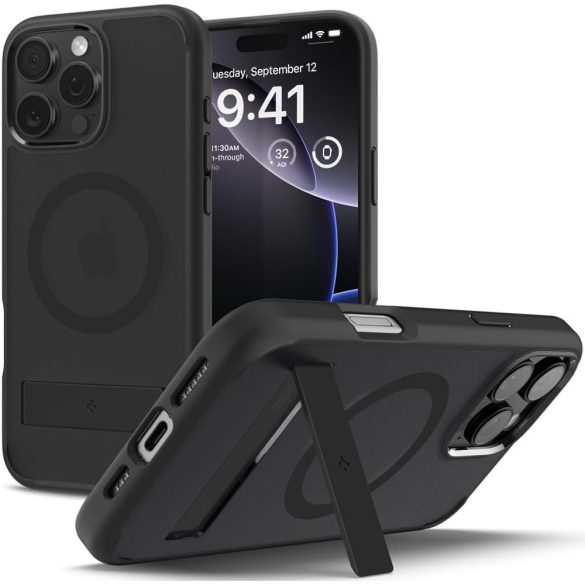 Apple iPhone 16 Pro Max, Műanyag hátlap védőtok + szilikon keret, kitámasztóval, Magsafe töltővel kompatibilis, Spigen Ultra Hybrid "S" Mag, áttetsző/fekete