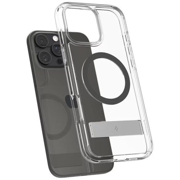 Apple iPhone 16 Pro, Műanyag hátlap védőtok + szilikon keret, kitámasztóval, Magsafe töltővel kompatibilis, Spigen Ultra Hybrid "S" Mag, átlátszó/szürke