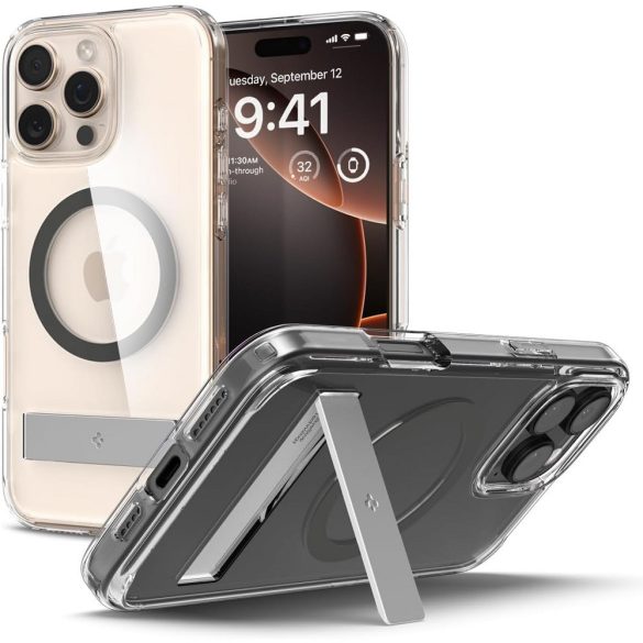 Apple iPhone 16 Pro, Műanyag hátlap védőtok + szilikon keret, kitámasztóval, Magsafe töltővel kompatibilis, Spigen Ultra Hybrid "S" Mag, átlátszó/szürke