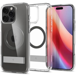 Apple iPhone 16 Pro Max, Műanyag hátlap védőtok + szilikon keret, kitámasztóval, Magsafe töltővel kompatibilis, Spigen Ultra Hybrid "S" Mag, átlátszó/szürke