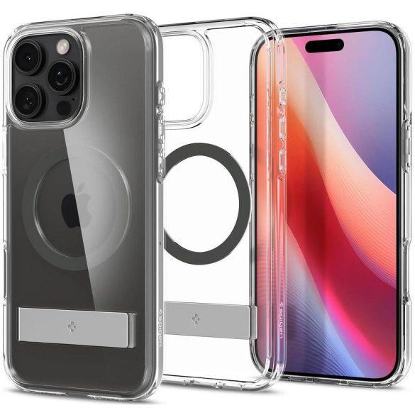 Apple iPhone 16 Pro Max, Műanyag hátlap védőtok + szilikon keret, kitámasztóval, Magsafe töltővel kompatibilis, Spigen Ultra Hybrid "S" Mag, átlátszó/szürke
