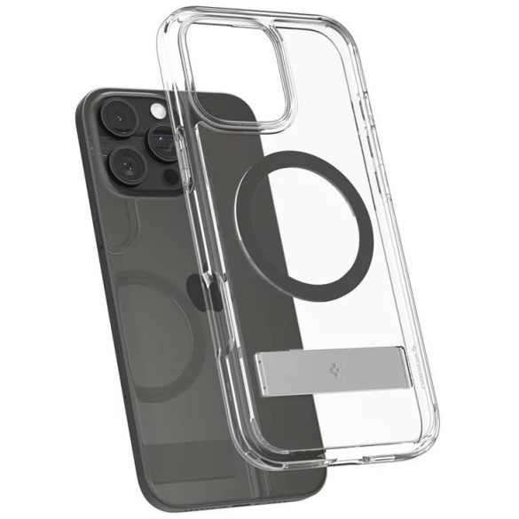 Apple iPhone 16 Pro Max, Műanyag hátlap védőtok + szilikon keret, kitámasztóval, Magsafe töltővel kompatibilis, Spigen Ultra Hybrid "S" Mag, átlátszó/szürke