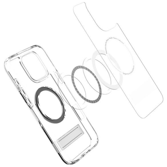 Apple iPhone 16 Pro Max, Műanyag hátlap védőtok + szilikon keret, kitámasztóval, Magsafe töltővel kompatibilis, Spigen Ultra Hybrid "S" Mag, átlátszó/szürke