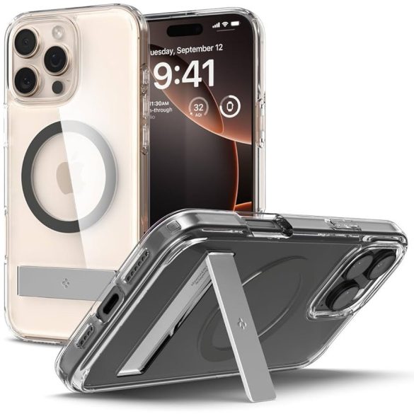 Apple iPhone 16 Pro Max, Műanyag hátlap védőtok + szilikon keret, kitámasztóval, Magsafe töltővel kompatibilis, Spigen Ultra Hybrid "S" Mag, átlátszó/szürke