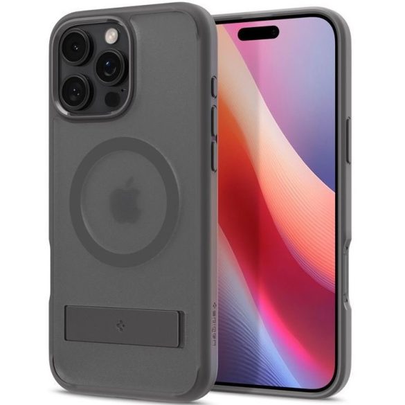 Apple iPhone 16 Pro, Műanyag hátlap védőtok + szilikon keret, kitámasztóval, Magsafe töltővel kompatibilis, Spigen Ultra Hybrid "S" Mag, áttetsző/szürke