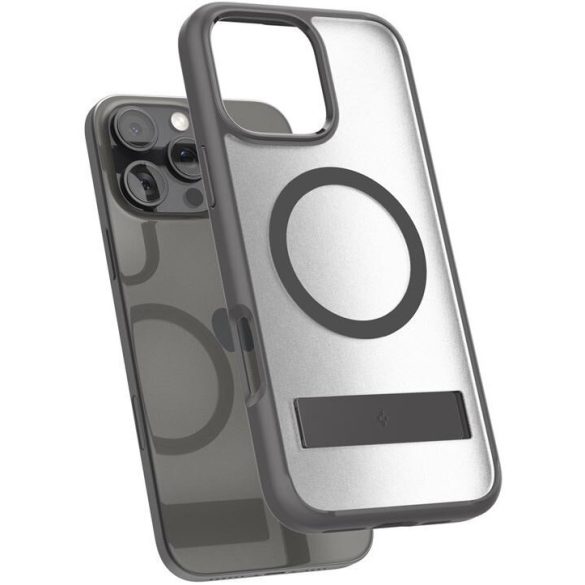 Apple iPhone 16 Pro, Műanyag hátlap védőtok + szilikon keret, kitámasztóval, Magsafe töltővel kompatibilis, Spigen Ultra Hybrid "S" Mag, áttetsző/szürke