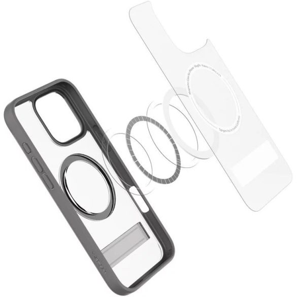 Apple iPhone 16 Pro Max, Műanyag hátlap védőtok + szilikon keret, kitámasztóval, Magsafe töltővel kompatibilis, Spigen Ultra Hybrid "S" Mag, áttetsző/szürke