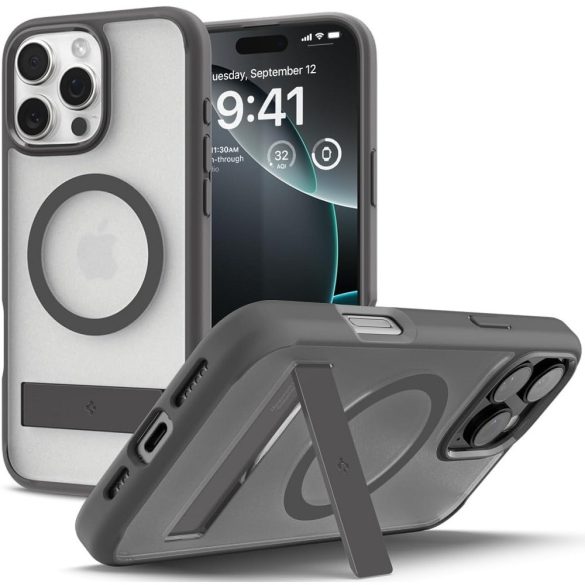 Apple iPhone 16 Pro Max, Műanyag hátlap védőtok + szilikon keret, kitámasztóval, Magsafe töltővel kompatibilis, Spigen Ultra Hybrid "S" Mag, áttetsző/szürke