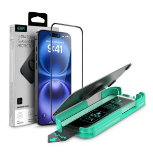 Apple iPhone 16 Pro Max, Kijelzővédő fólia, ütésálló fólia (az íves részre is!), Tempered Glass (edzett üveg), segéd kerettel, ESR Armorite, fekete