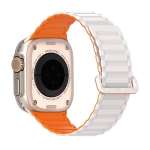 Apple Watch 4-6, SE, SE (2022) (42 / 44 mm) / Watch 7-9 (45 mm) / Watch 10 (46 mm) / Watch Ultra 1-2 (49 mm), szilikon pótszíj, mágneses zár, kétszínű, Dux Ducis KJ, ezüst/narancssárga