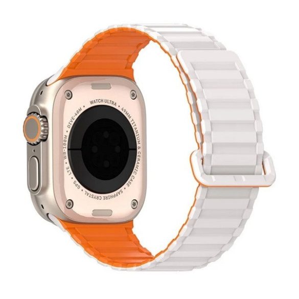 Apple Watch 4-6, SE, SE (2022) (42 / 44 mm) / Watch 7-9 (45 mm) / Watch 10 (46 mm) / Watch Ultra 1-2 (49 mm), szilikon pótszíj, mágneses zár, kétszínű, Dux Ducis KJ, ezüst/narancssárga