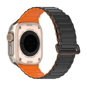 Apple Watch 4-6, SE, SE (2022) (42 / 44 mm) / Watch 7-9 (45 mm) / Watch 10 (46 mm) / Watch Ultra 1-2 (49 mm), szilikon pótszíj, mágneses zár, kétszínű, Dux Ducis KJ, fekete/narancssárga