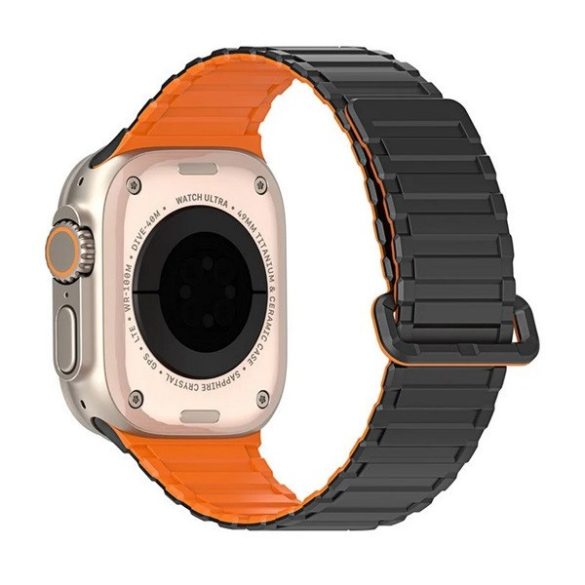 Apple Watch 4-6, SE, SE (2022) (42 / 44 mm) / Watch 7-9 (45 mm) / Watch 10 (46 mm) / Watch Ultra 1-2 (49 mm), szilikon pótszíj, mágneses zár, kétszínű, Dux Ducis KJ, fekete/narancssárga