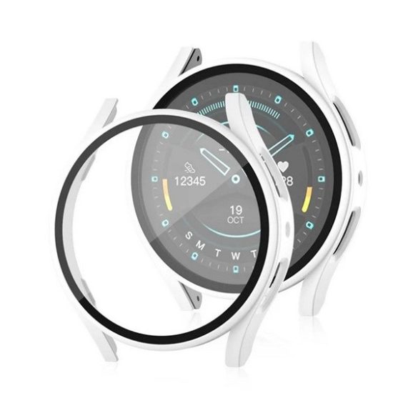 Samsung Galaxy Watch 7 (40 mm) SM-L300 / L305, Műanyag védőkeret, kijelzővédő üveggel, közepesen ütésálló, szíj nélkül, fehér