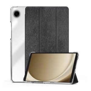Samsung Galaxy Tab A9 (8.7) SM-X110 / X115, mappa tok, közepesen ütésálló, textil hatású előlap, átlátszó hátlap, Trifold, Dux Ducis Unid, fekete