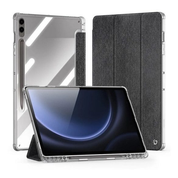 Samsung Galaxy Tab S9 Plus 12.4 / Tab S10 Plus 12.4 SM-X810 / X816B / X820 / X826B, mappa tok, érintőceruza tartó, közepesen ütésálló, textil hatású előlap, átlátszó hátlap, Trifold, Dux Ducis Unid, fekete
