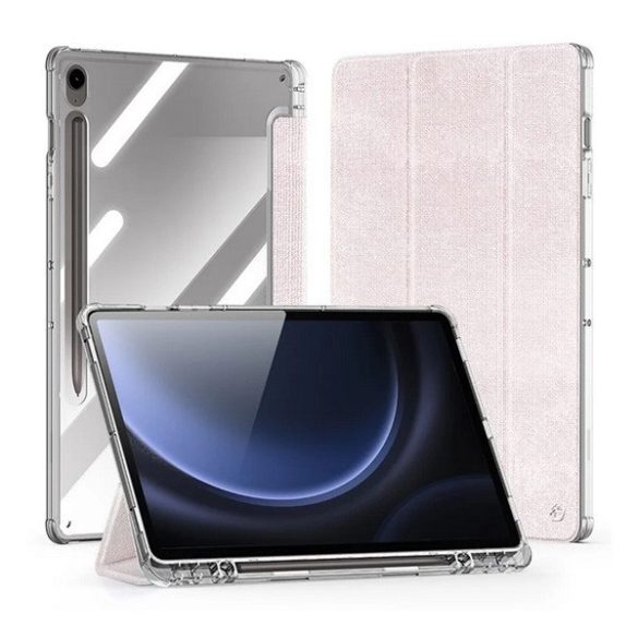 Samsung Galaxy Tab S9 FE (10.9) / Tab S10 FE (10.9) SM-X510 / X516B / X520 / X526, mappa tok, érintőceruza tartó, közepesen ütésálló, textil hatású előlap, átlátszó hátlap, Trifold, Dux Ducis Unid, rózsaszín