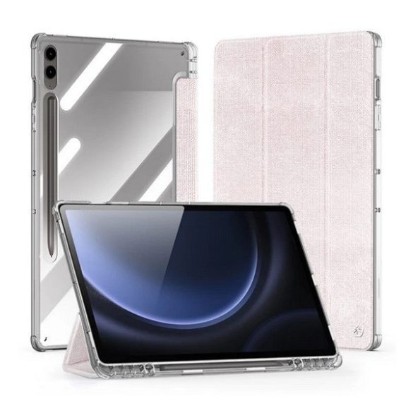 Samsung Galaxy Tab S9 FE Plus (12.4) SM-X610 / X616B, mappa tok, érintőceruza tartó, közepesen ütésálló, textil hatású előlap, átlátszó hátlap, Trifold, Dux Ducis Unid, rózsaszín