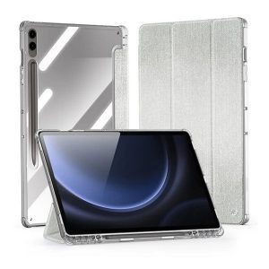 Samsung Galaxy Tab S9 FE Plus (12.4) SM-X610 / X616B, mappa tok, érintőceruza tartó, közepesen ütésálló, textil hatású előlap, átlátszó hátlap, Trifold, Dux Ducis Unid, világoszöld