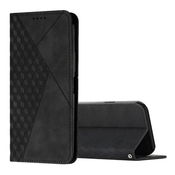 Xiaomi 14T, Oldalra nyíló tok, bőrhatású, stand, 3D rombusz minta, fekete